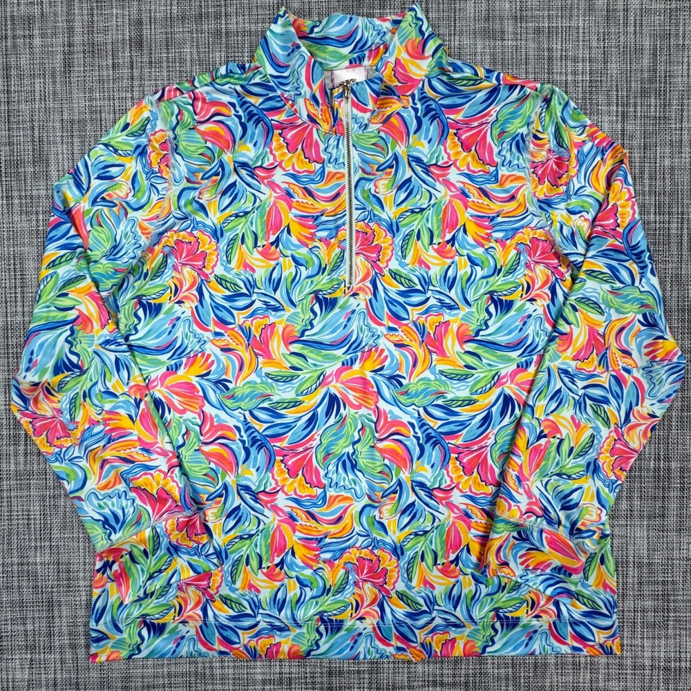 Stella Parker Collection Womens XL 1/4 Zip Pullover Tropical Floral Blue Pink